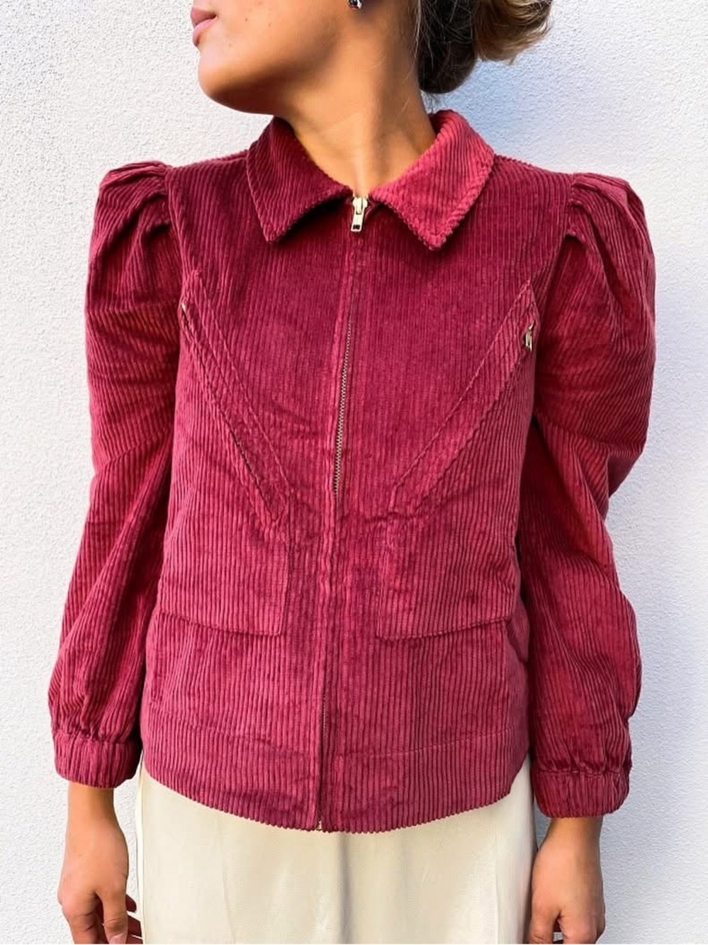 by TiMo Corduroy Jacket Cranberry Puff Shoulder XS
